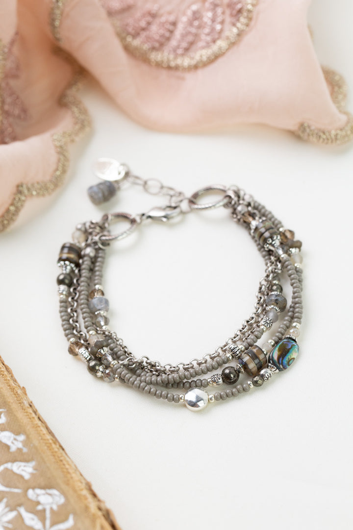 Windsor Castle 7.5-8.5" Abalone, Pyrite, Crystal Multistrand Bracelet