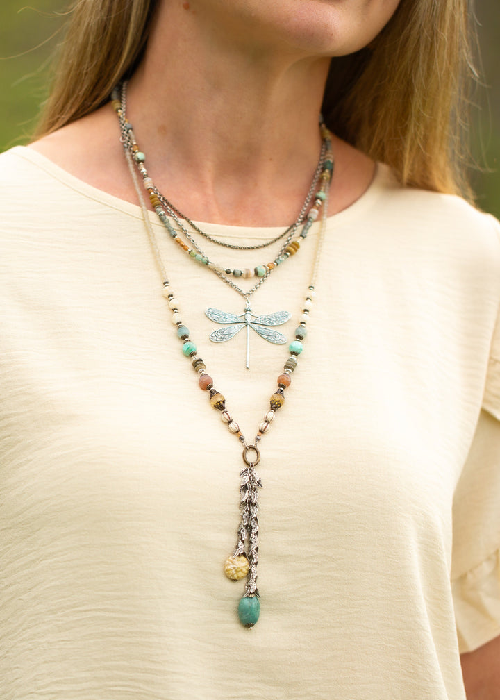 Wisdom Within 27-29" Peruvian Turquoise, Calcite, Peruvian Opal With Czech Glass Flower And Amazonite Cluster Necklace