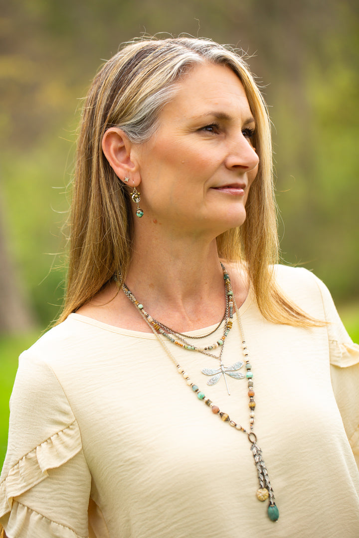 Wisdom Within 16.5-18.5" Czech Glass, Caribbean Calcite Shell With Patina Dragonfly Pendant Multistrand Necklace