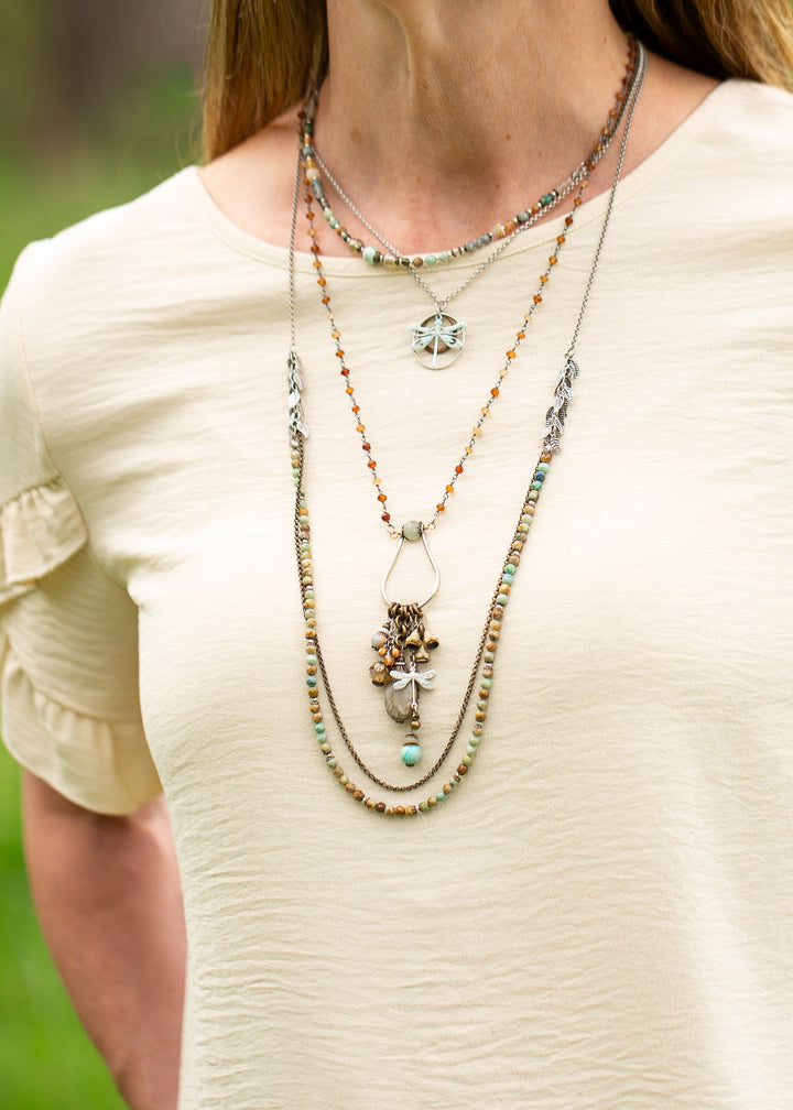 Wisdom Within 24-26" Hessonite Garnet With Peruvian Opal, Peruvian Turquoise, Czech Glass And Dragonfly Cluster Necklace