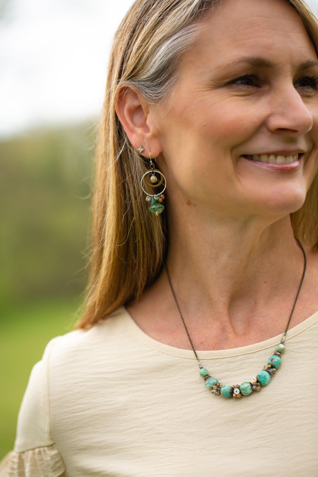 Wisdom Within 18-20" Shell, Crystal With Tibetan Turquoise Cluster Necklace