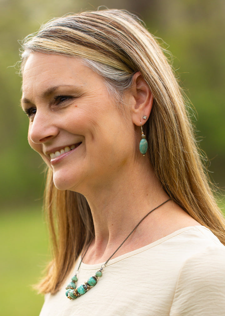 Wisdom Within Czech Glass, Cats Eye With Coin Shaped Amazonite Simple Earrings