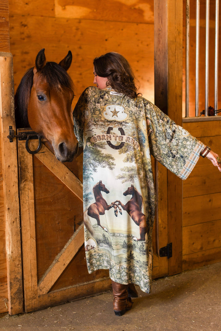 Born to Run Opera Duster Kimono Robe w/ Horse & Flower Print