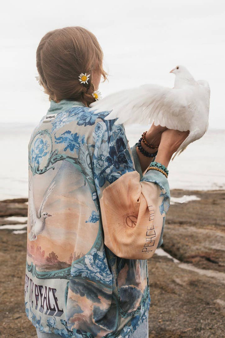 Peace Out Cropped Kimono Pixie Duster with Doves and Sunrise