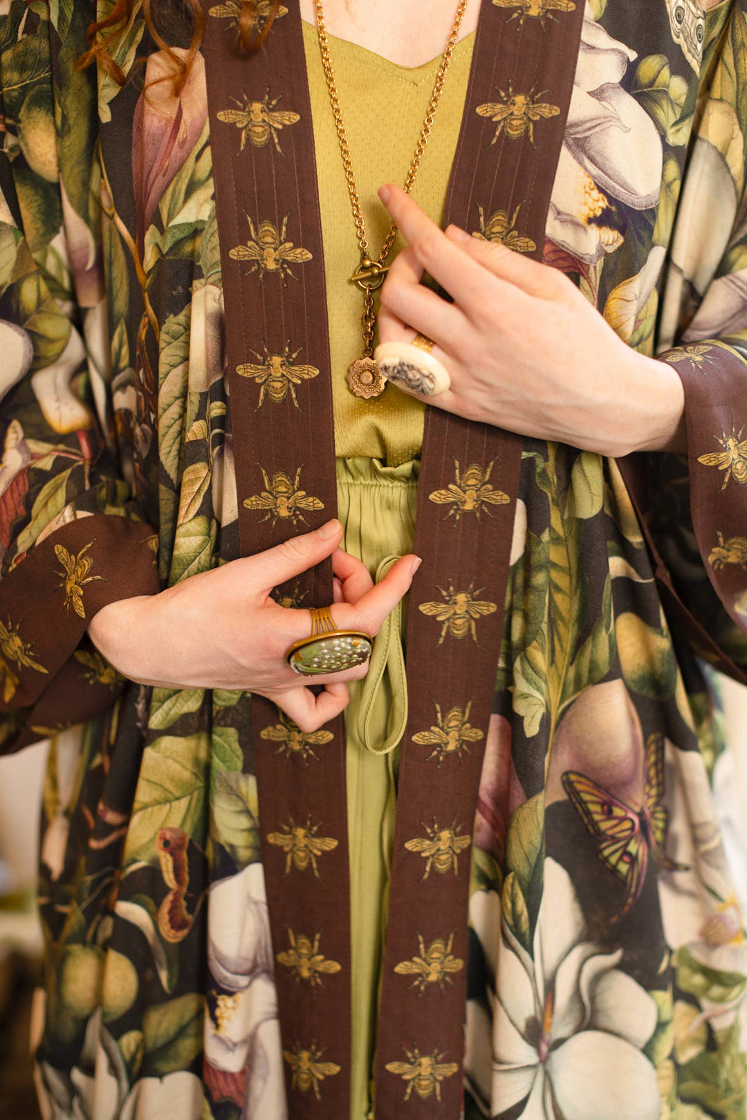 Fleur De Lune Opera Duster Kimono Robe w/ Florals & Bees