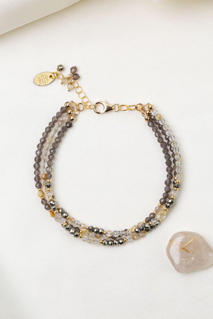 Alchemy 7.75-8.75" Gold Rutilated Quartz, Pyrite, Moonstone Multistrand Bracelet