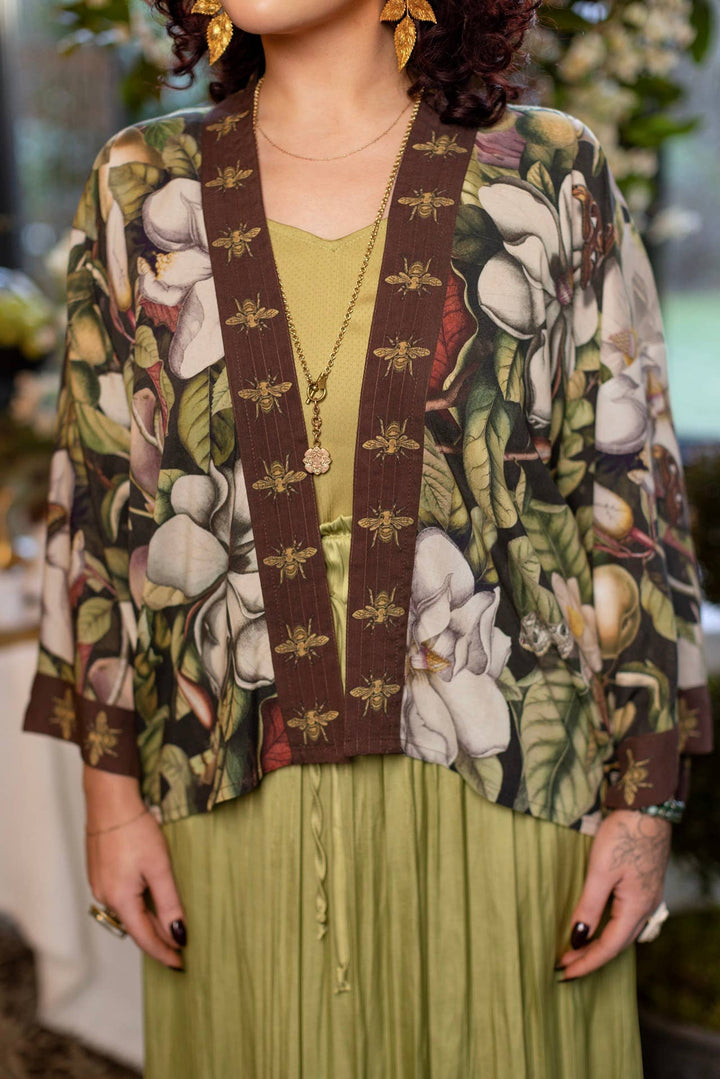 Fleur De Lune Pixie Duster Crop Kimono w/ Florals & Bees