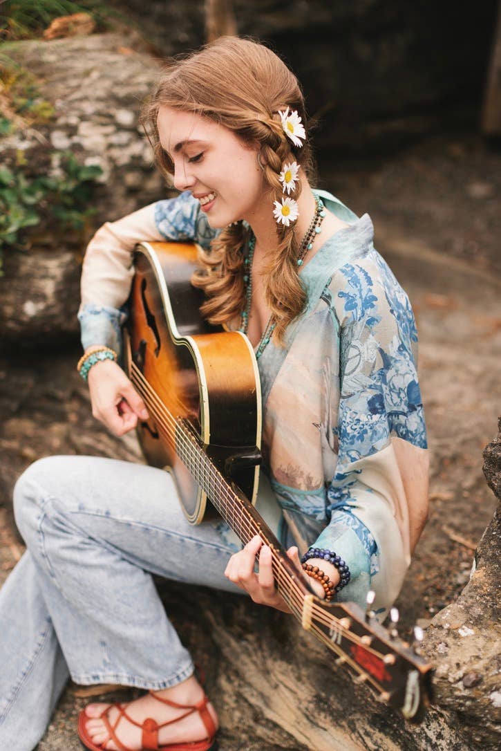 Peace Out Cropped Kimono Pixie Duster with Doves and Sunrise
