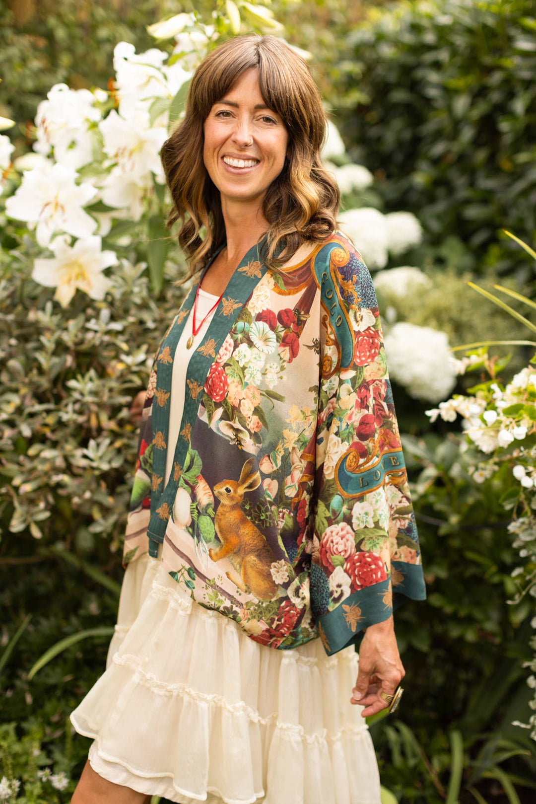 Stay Gold Pixie Duster Cropped Kimono w/ Rabbits and Bees