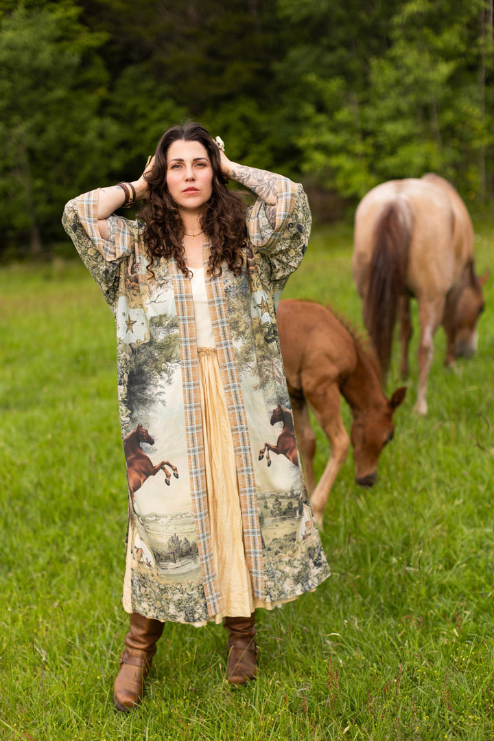 Born to Run Opera Duster Kimono Robe w/ Horse & Flower Print
