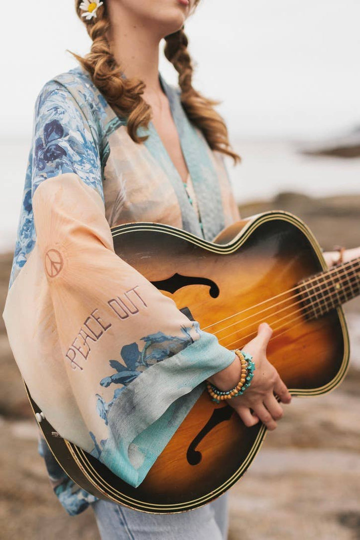 Peace Out Cropped Kimono Pixie Duster with Doves and Sunrise
