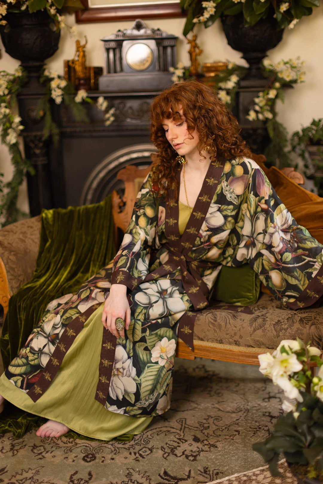Fleur De Lune Opera Duster Kimono Robe w/ Florals & Bees