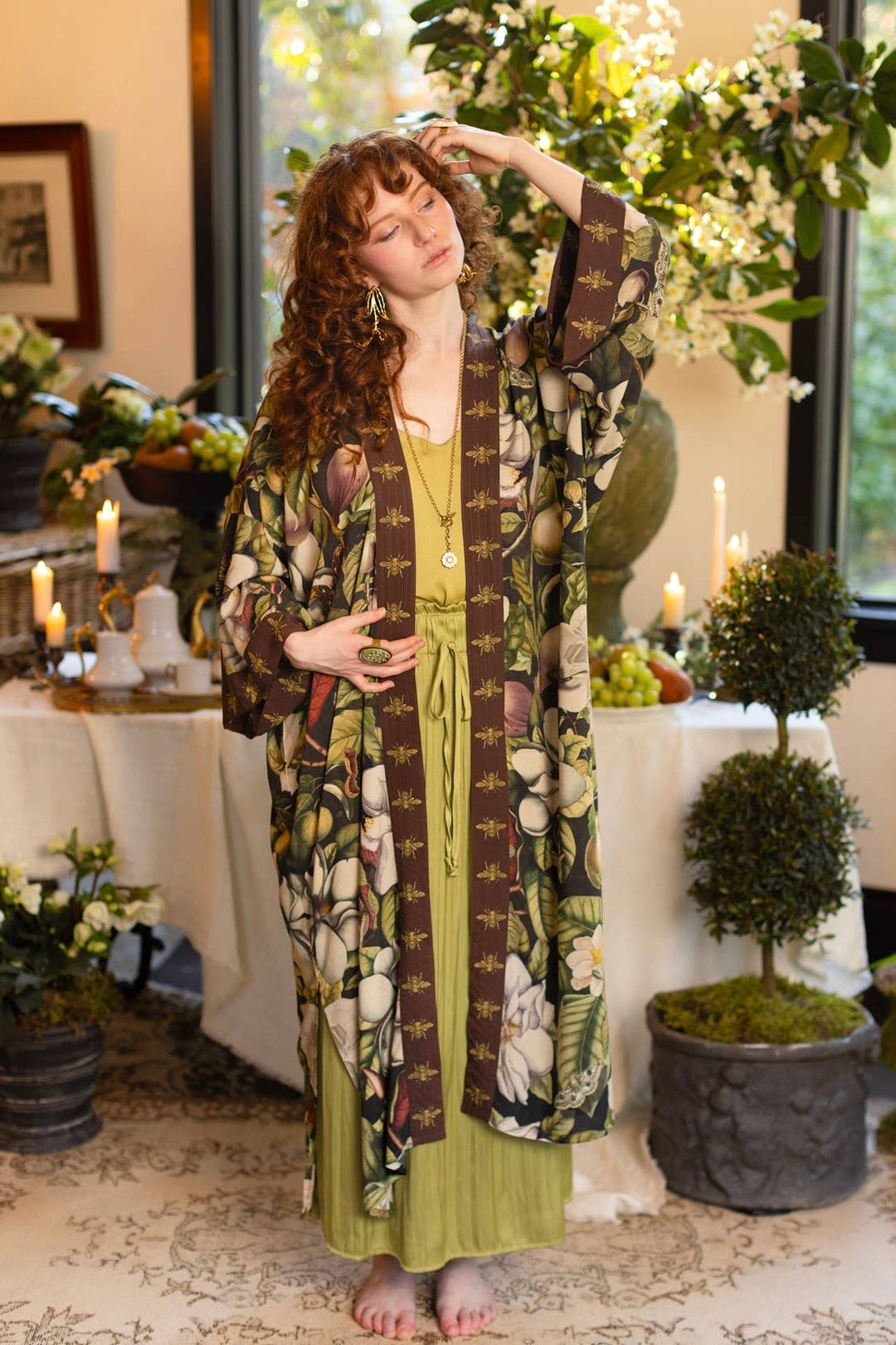 Fleur De Lune Opera Duster Kimono Robe w/ Florals & Bees