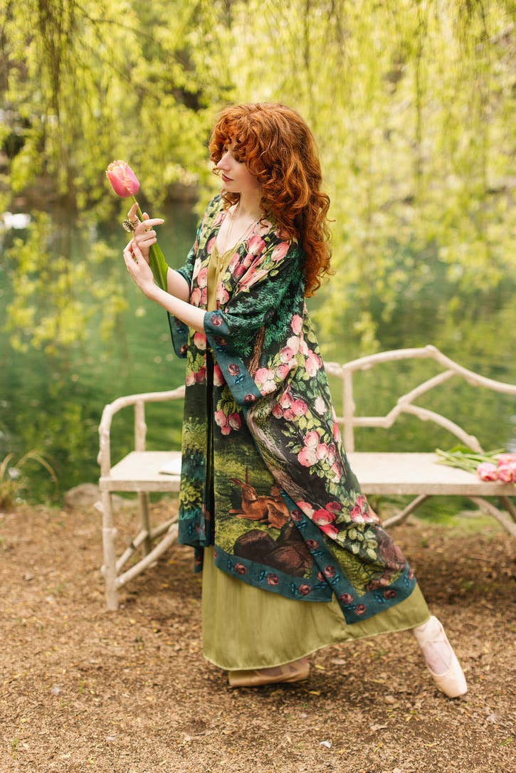 The Daydreamer Goddess Duster Kimono w/ Roses & Rabbits