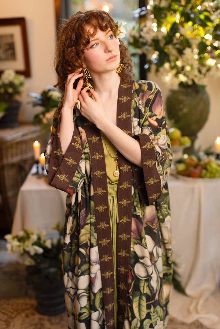 Fleur De Lune Opera Duster Kimono Robe w/ Florals & Bees