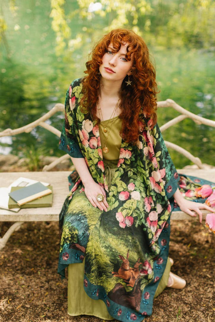 The Daydreamer Goddess Duster Kimono w/ Roses & Rabbits