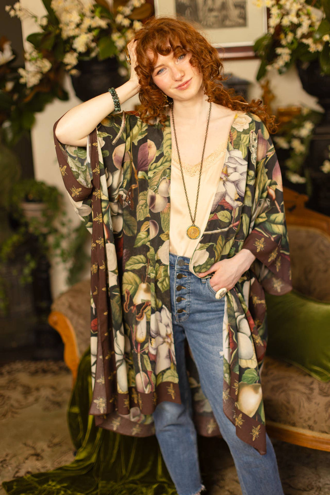 Fleur De Lune Goddess Starduster Kimono w/ Florals & Bees