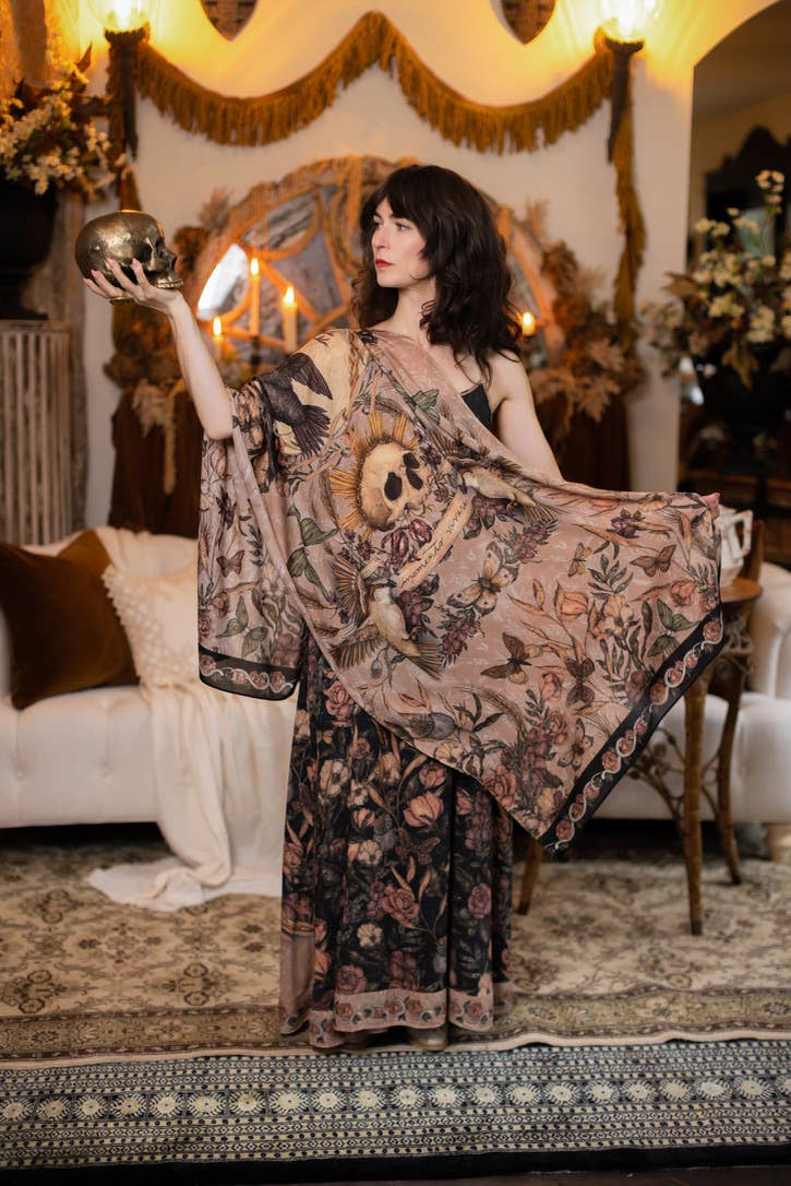 Momento Bohemian Scarf w/ Floral print, Starling & Skull