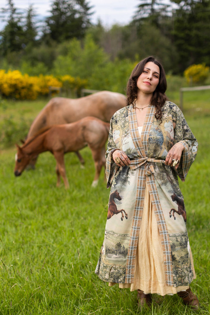Born to Run Opera Duster Kimono Robe w/ Horse & Flower Print