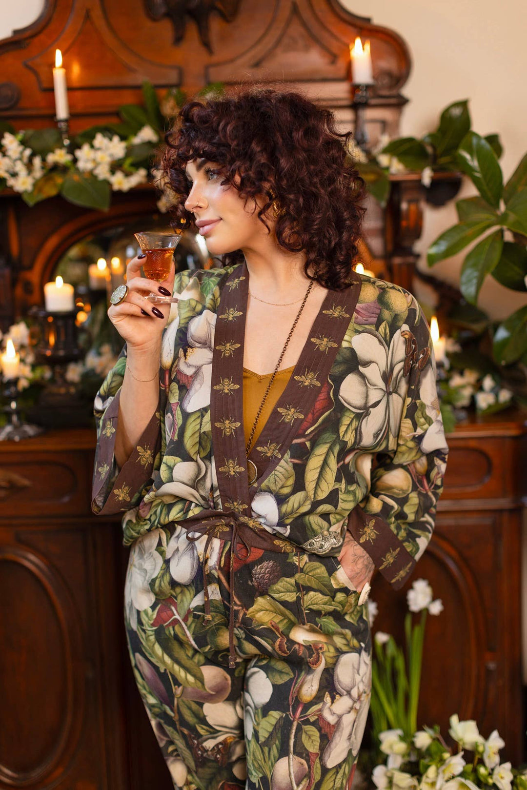 Fleur De Lune Pixie Duster Crop Kimono w/ Florals & Bees