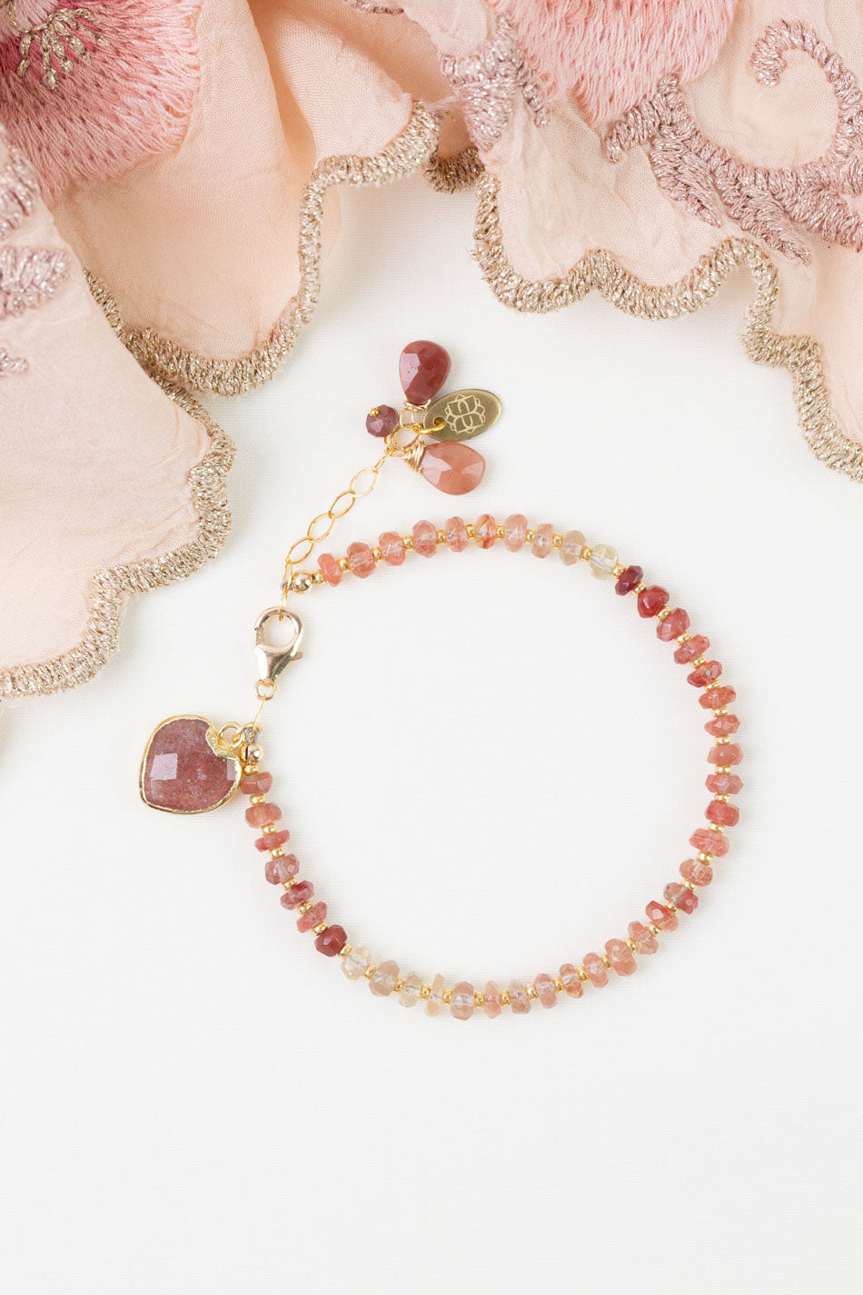 Love 7.5-8.5" Strawberry Quartz Heart Bezel Statement Bracelet