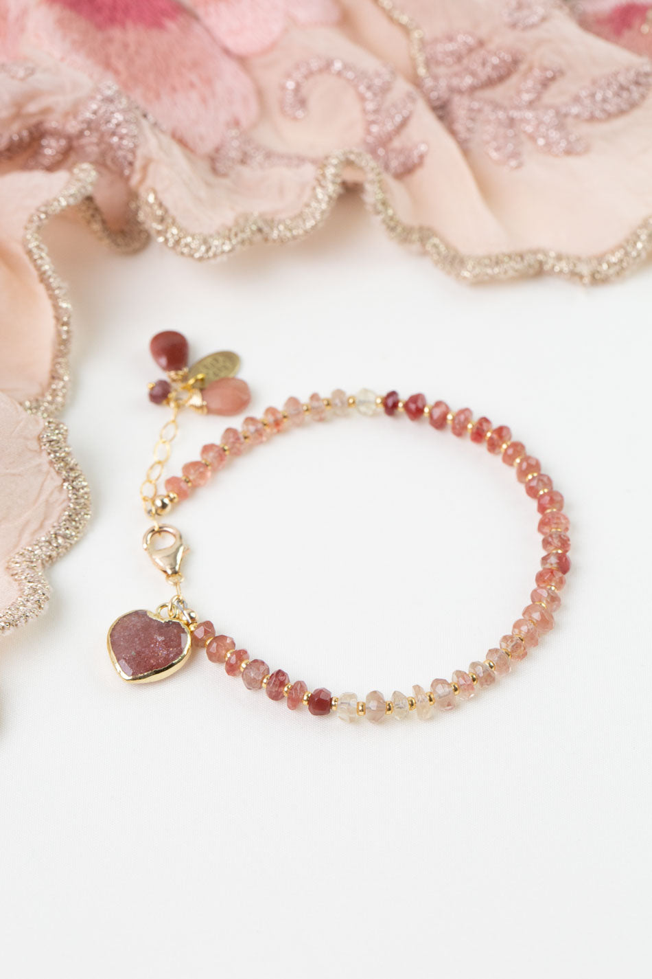 Love 7.5-8.5" Strawberry Quartz Heart Bezel Statement Bracelet