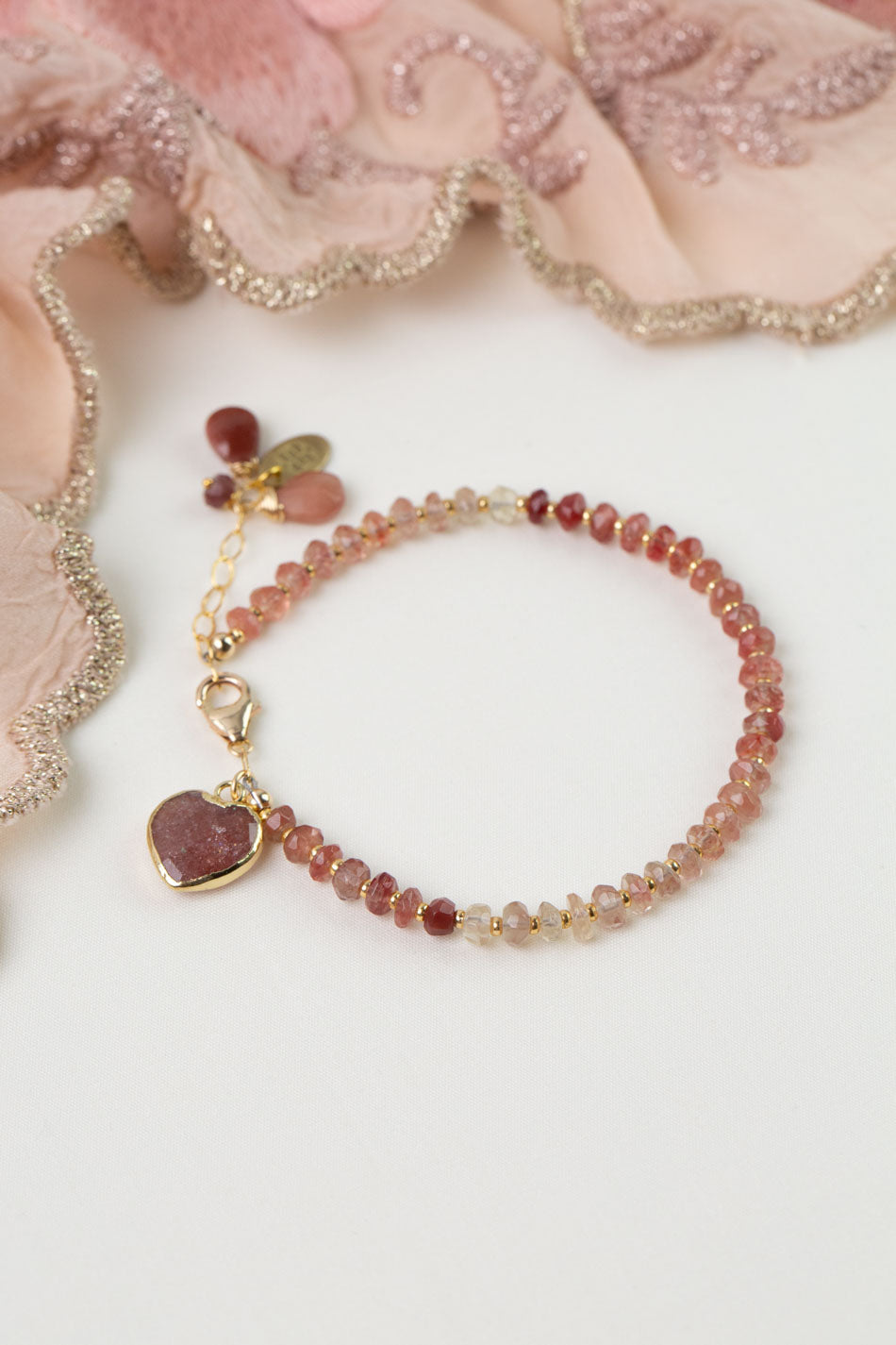 Love 7.5-8.5" Strawberry Quartz Heart Bezel Statement Bracelet