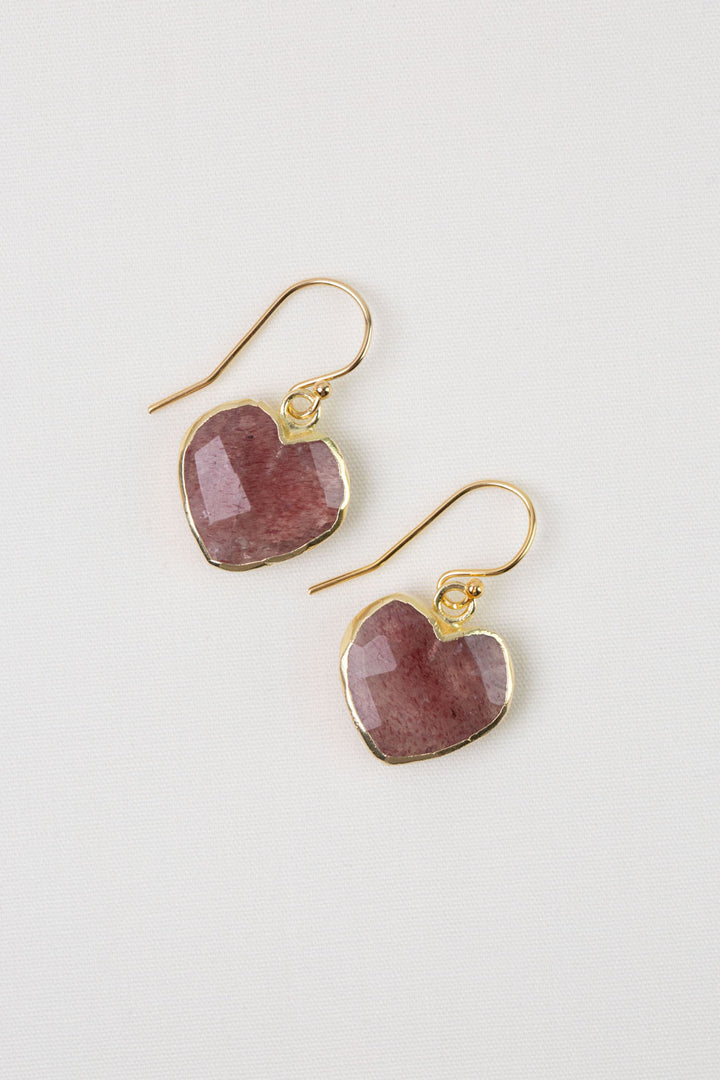 Love Strawberry Quartz Heart Bezel Simple Earrings