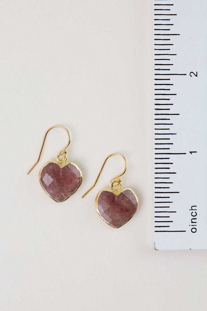 Love Strawberry Quartz Heart Bezel Simple Earrings