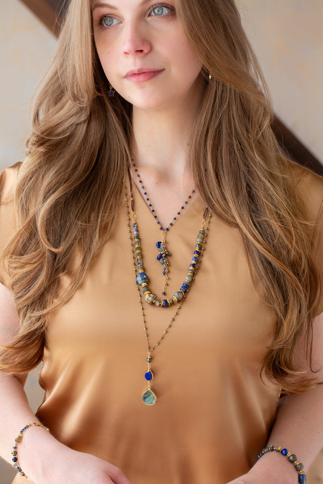 Blue Moon 27.5-29.5" Labradorite, Abalone Shell, Sodalite, Lapis Lazuli, Pyrite Collage Necklace