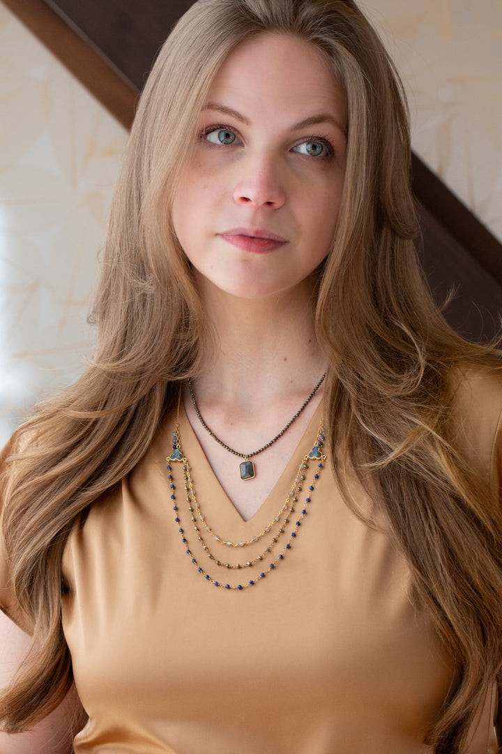 Blue Moon 17.5-19.5" Pyrite With Faceted Labradorite Rectangle Pendant Simple Necklace