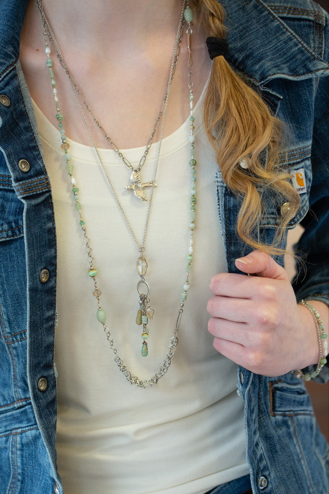 Mint Julep 35.5-37.5" Pearl, Chrysoprase, Amazonite Collage Necklace