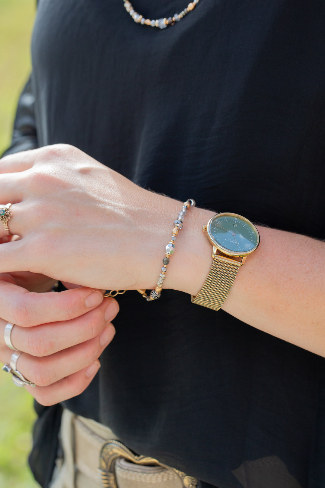 Silver & Gold 7.5-8.5" Czech Glass, Crystal, Pyrite Simple Bracelet