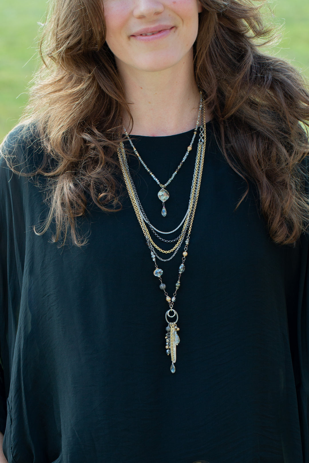 Silver & Gold 18-20" Czech Glass With Crystal Collage Necklace