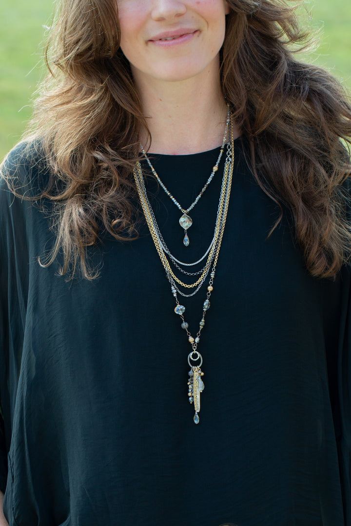 Silver & Gold 18-20" Czech Glass With Crystal Collage Necklace