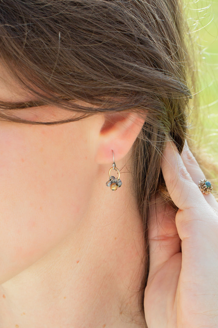 Silver & Gold Czech Glass, Crystal, Pyrite Cluster Earrings