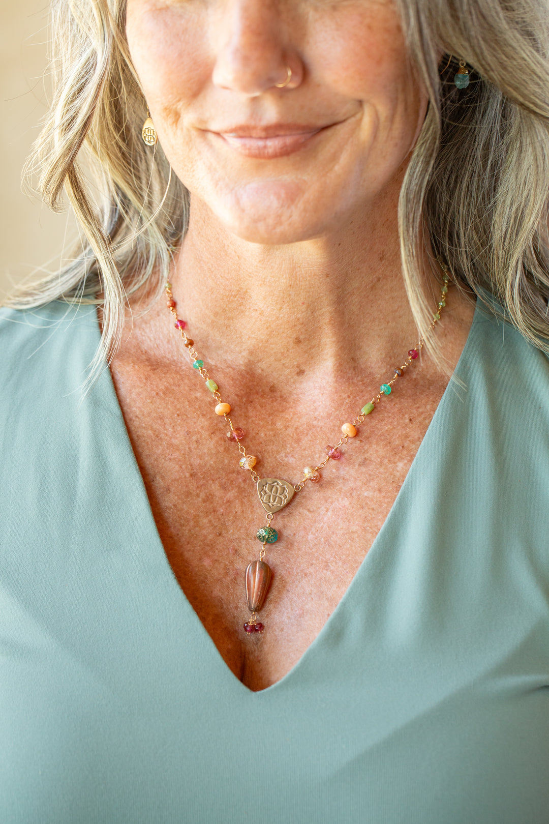 Farmers Market 17-19" Coral, Peridot, Czech Glass Statement Necklace