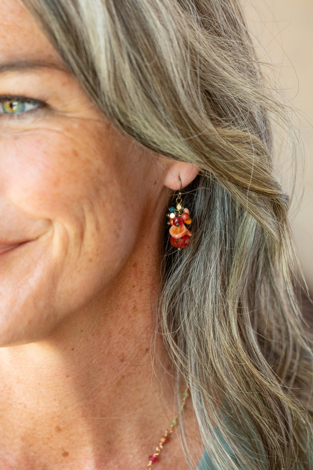 Farmers Market Coral, Czech Glass, Apatite Cluster Earrings