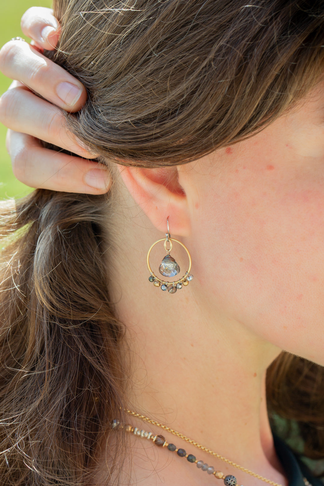 Silver & Gold Smoky Quartz, Pyrite, With Crystal Hoop Earrings