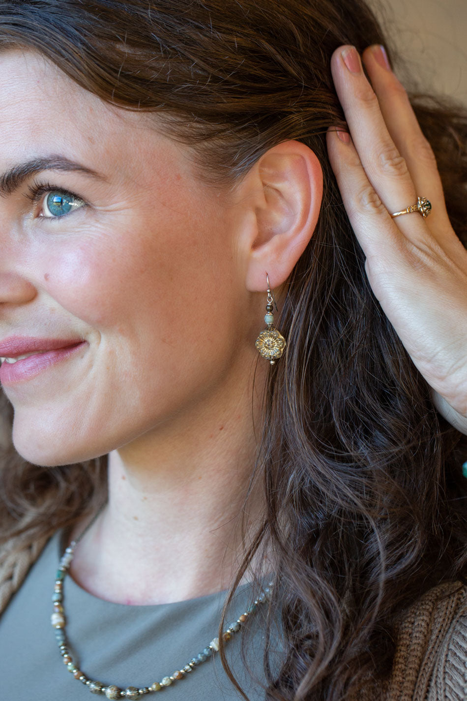 Wisdom Within Antique Brass With Czech Glass Sunflower With Gold Etching Simple Earrings