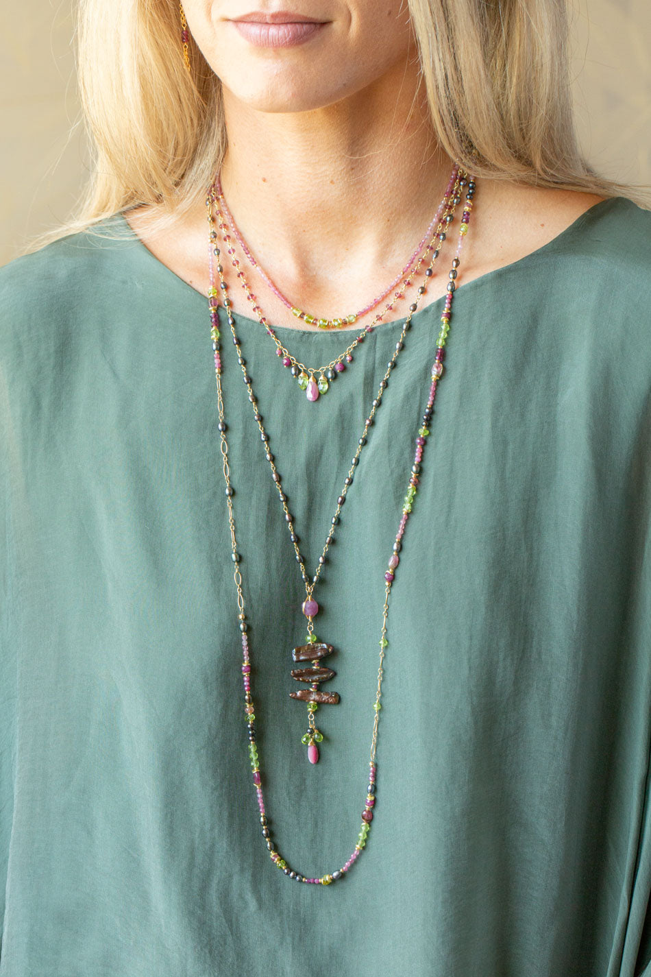 Persephone 26-28" Peridot, Freshwater Pearl, Ruby Statement Necklace