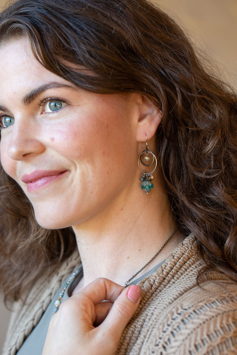 Wisdom Within Turquoise Blue Czech Glass Flower With Antique Gold Etching Cluster Earrings