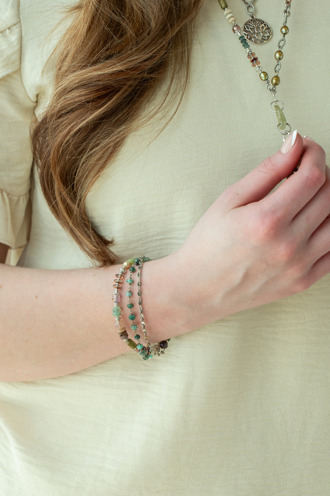 Water Lily 7.5-8.5" Czech Glass, Muscovite, Prehnite Multistrand Bracelet