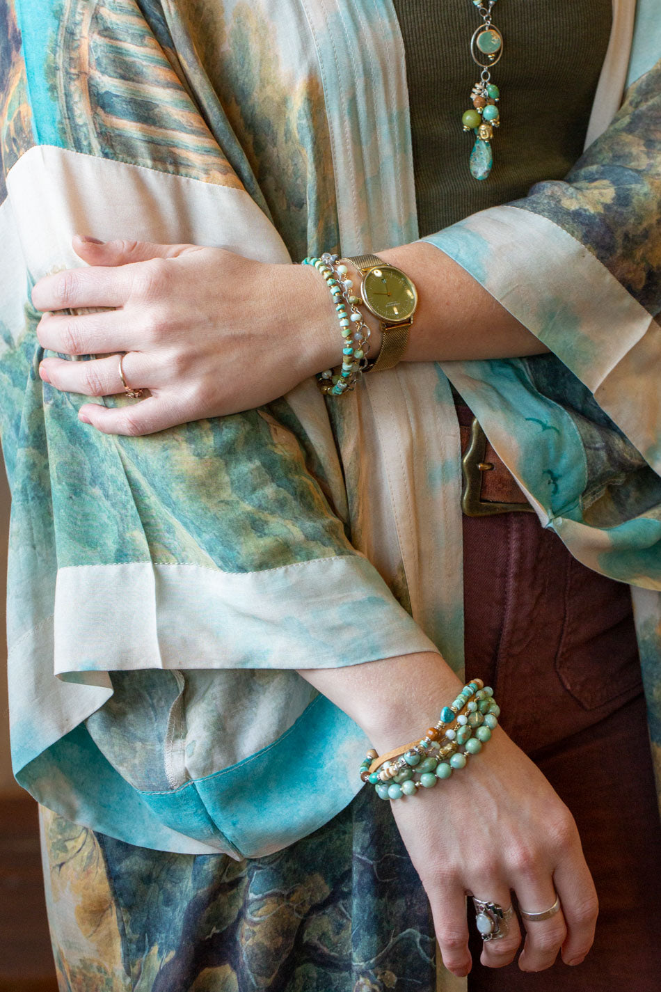 Remedy 7.5-8.5" Turquoise, Peruvian Opal, Antique Brass Buddha Multistrand Bracelet