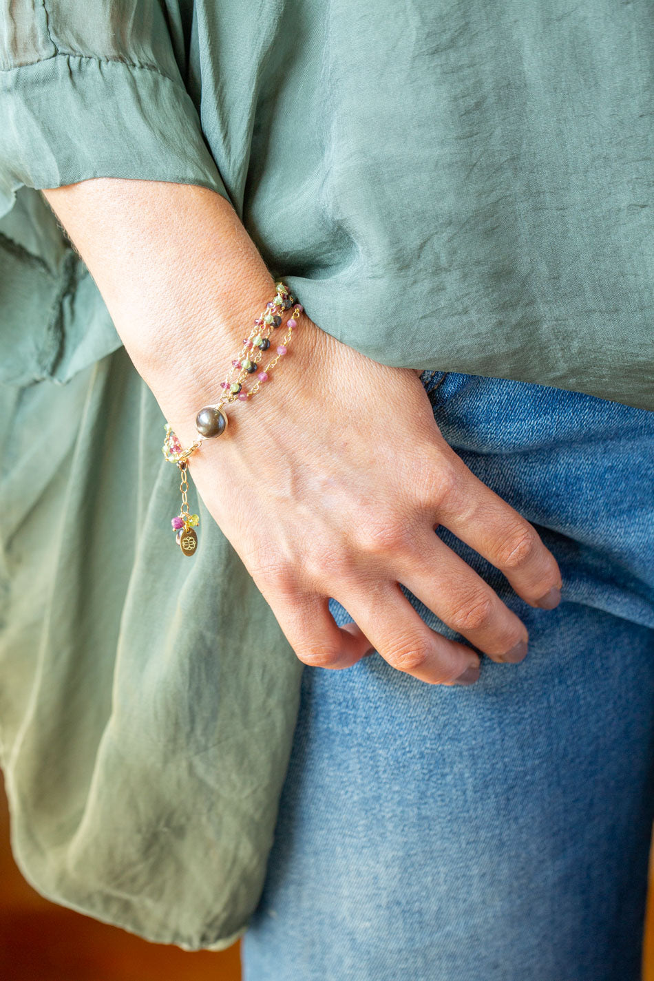 Persephone 7.5-8.5" Peridot, Freshwater Pearl, Rhodolite Garnet Multistrand Bracelet