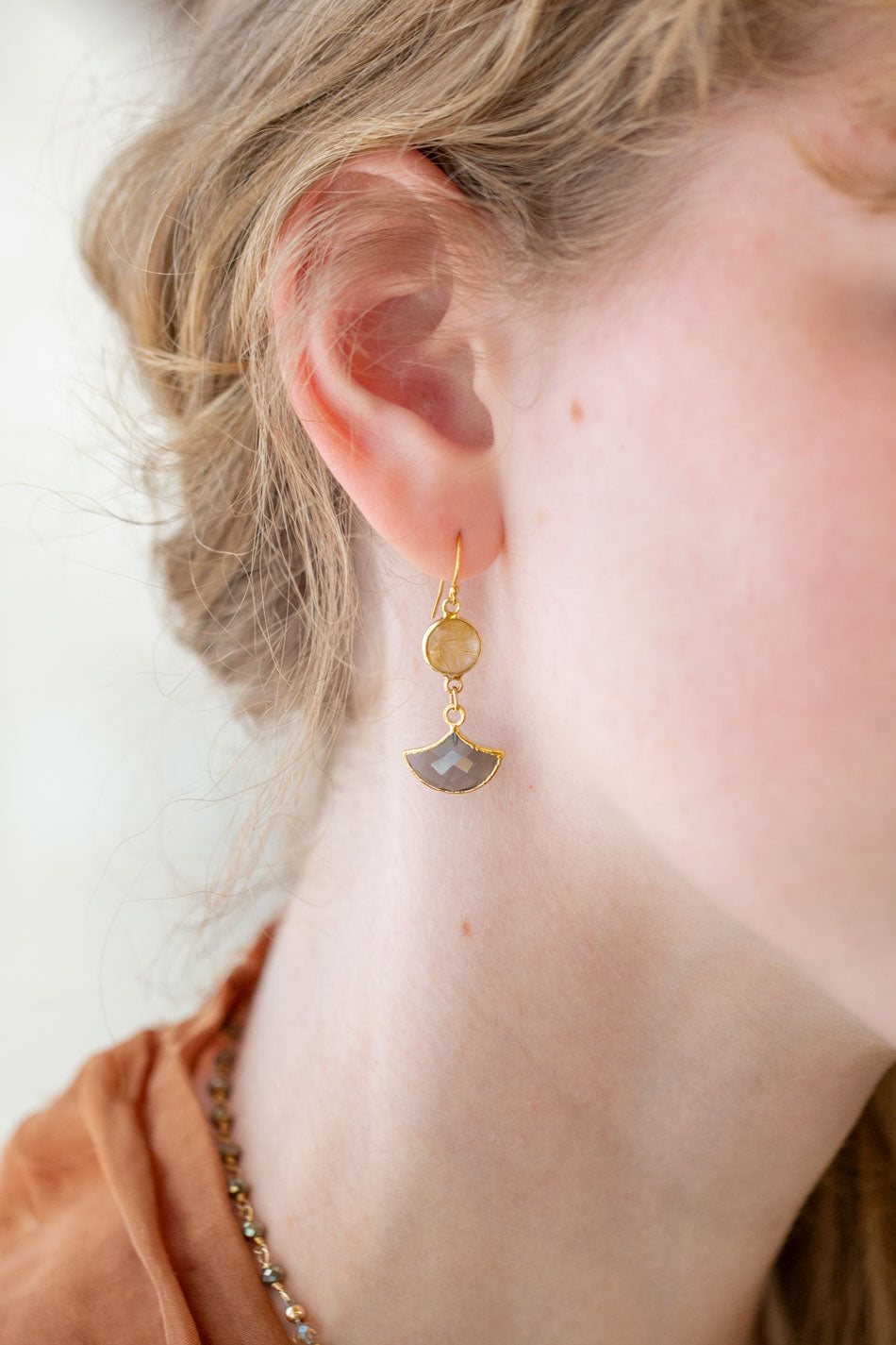 Alchemy Golden Rutilated Quartz, Grey Moonstone Simple Earrings