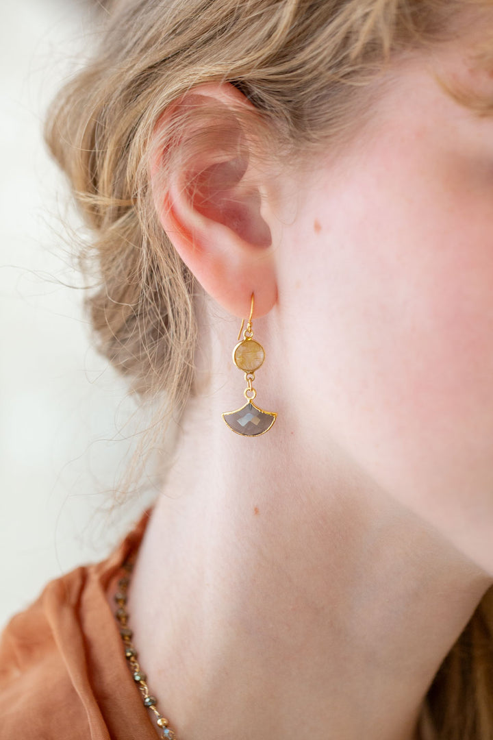 Alchemy Golden Rutilated Quartz, Grey Moonstone Simple Earrings