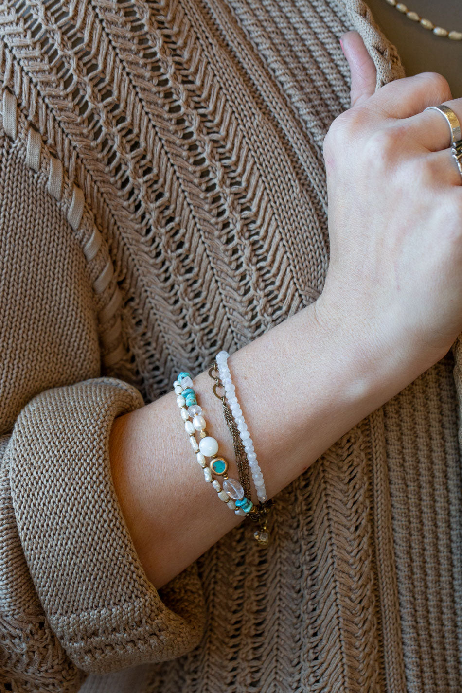 Transcend 7.5-8.5" White Moonstone, Turquoise, Pearl Multistrand Bracelet