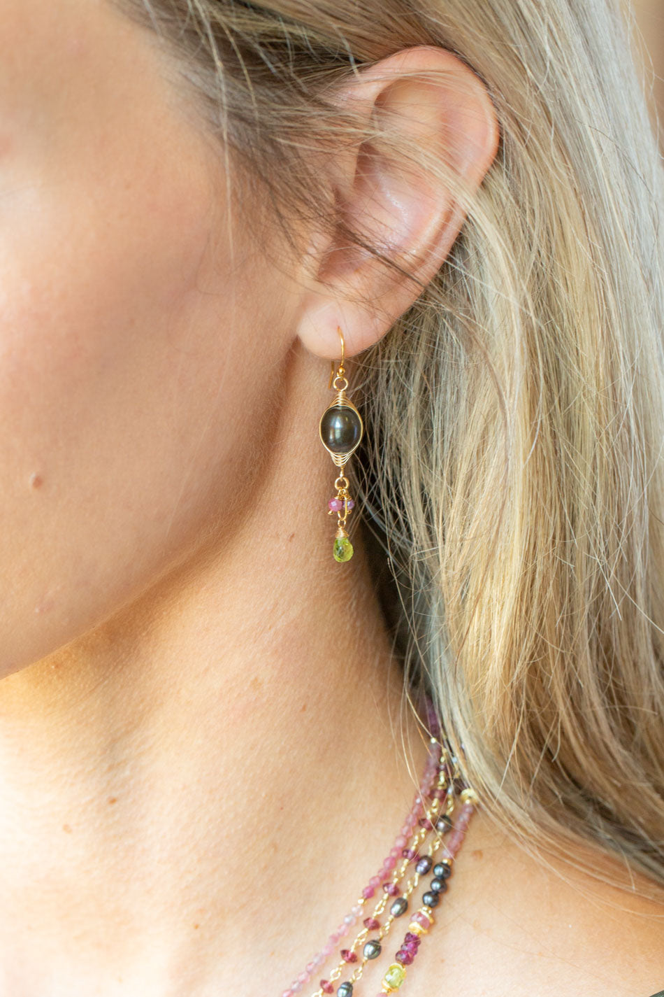 Persephone Peridot, Freshwater Pearl, Dyed Moonstone Herringbone Earrings
