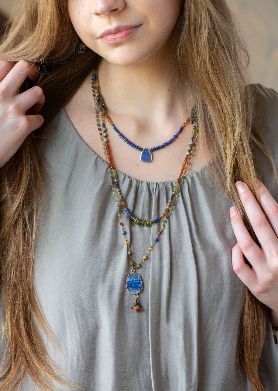 Sacred Heart 18.25-20.25" Czech Glass, Hessonite Garnet With Lapis Bezel Simple Necklace